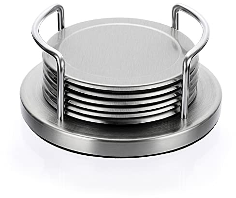 JUXYES Set of 6 Stainless Steel Round Coasters with Holder & Sponge Bottom, Silver Metal Cup Coasters Set Stunning Cool Coaster Cups Mats Decor for Restaurant Kitchen bar Dining Table | Heat-Resistant, 4 Inches Silver Decorative Drink Coaster for Hot and Cold Drinks on Coffee Tables, Dining Tables, and Bars