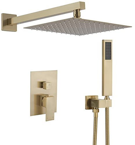 BWE Brushed Gold Shower Faucets Sets 10 Inch Square Bathroom Luxury Rain Shower Head with Handheld Spray Wall Mounted Shower System Rough-in Valve and Trim Included
