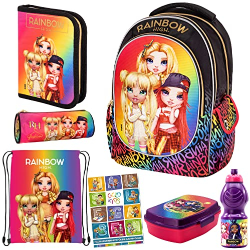 Goldkids Set 7er Schulranzen Ranzen Federmappe Turnbeutel Brotdose Trinkflasche Schlamperrolle Aufgabenheft Rainbow High Motiv geeignet ab der ersten Klasse der Grundschule