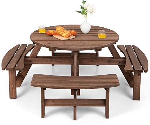 COSTWAY Picknicktisch Set für 8 Personen, Gartentisch aus Massivholz mit Schirmloch & 4 Bänken, Terrassenmöbel, Gartenmöbel, Sitzgruppe für Garten, Terrasse