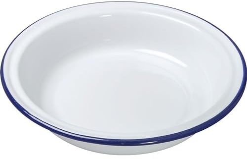 Premium Quality Traditional Enamel White Blue Trim Rice Plate, Pasta Plate, Bowl, Dinner Plate, Round Pie Plate, Soup Plate, Mixing Bowl, Deep Dish Tableware Crockery (Round Pie Dish 24cm)