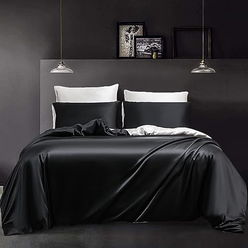 YASMENG Satin Bettwäsche 220x240 Schwarz Weiß Wendebettwäsche Satin Glatt Glänzend Deluxe Weich Seidig Seide Bettbezug Set 3 Teiling mit Reißverschluss und 2 Kissenbezüge 80×80 cm