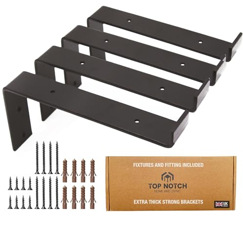 Top Notch Home and Living Heavy Duty Metal Shelf Brackets | Steel Bracket for Wooden Wall Shelves | Support 40kgs | Hardwearing | Incl Fixtures & Fittings (Black, Pack of 4 Down Brackets)
