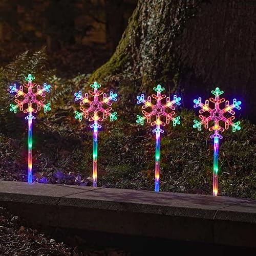 Marco Paul Christmas Snowflake Stake Lights Set of 4 - Battery Operated Outdoor Christmas Decorations with 64 Multi Coloured LED Lights - Light Up Xmas Garden Ornaments & Pathway Lighting