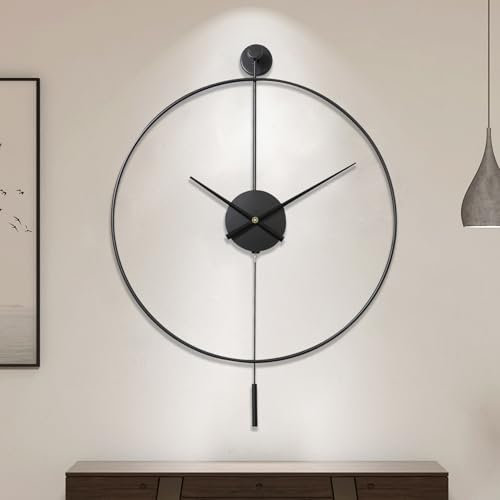 Classical Large Decorative Wall Clock with Pendulum, Modern Non-Ticking Silent Metal Wall Clocks for Living Room, Bedroom, Study, Office, 24in/60cm(Black)