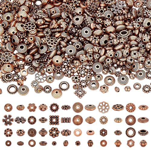 PH PandaHall 1200 Stück 24 Stile Metall Abstandsperlen Rote Kupfer Abstandsperlen Tibetische Spacer Antike Lose Perlen Bastelperlen Für Armbänder Halsketten Ohrringe Schmuckzubehör