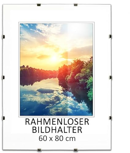 MG Design Rahmenloser Bilderrahmen, Cliprahmen 60 x 80 cm - mit Clips, Acrylglas, HDF-Platte - zum vertikalen oder horizontalen Aufhängen/Aufstellen, Bildhalter für Fotos, Poster, Puzzle