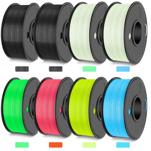 TECBEARS PETG Leuchtet Filament bundle 1.75 mm 2KG, Glow in The Dark Grün, Blau, Gelb, Rot, Schwarz PETG 3D Drucker Filament,250g per Spool, 8 Packs, Stärker Zähigkeit, Maßgenauigkeit +/- 0,02 mm