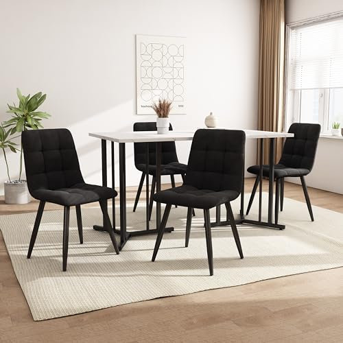 Ctastay Esstisch-Set mit 4 Stühlen 140x80 cm, Modern Essgruppe mit 4 Stühlen aus Samt, Küchen-Esstisch für Zuhause & Familie, Schwarz Metall Tischbeine + 4 Schwarz Stühlen
