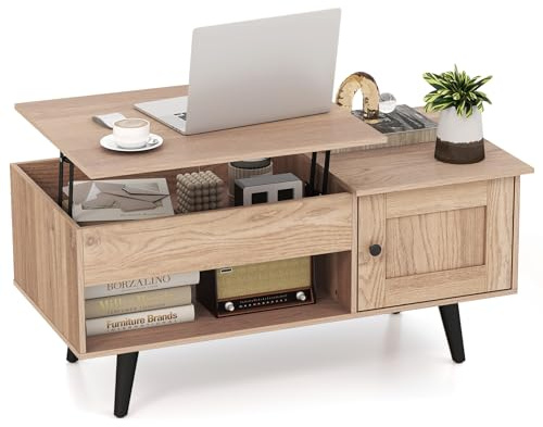 COSTWAY Table Basse Relevable, Table Basse Salon avec Rangement, Grand Compartiment Caché, Placard à Porte, Rangement Ouvert, Levage à Vérins à Gaz, Industriel (Naturel)