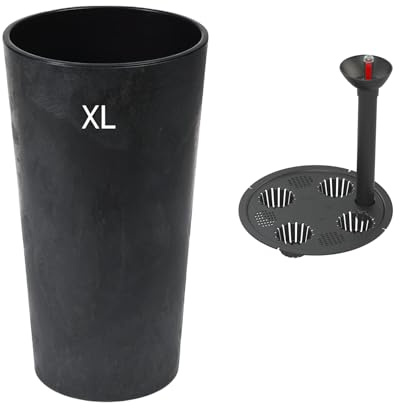 MELTOM Blumenkübel Rund Betoneffekt mit Bewässerungssystem mit Herausnehmbaren Einsatz Blumentopf Pflankübel (Schwarz, XL - 57 cm + SYS)