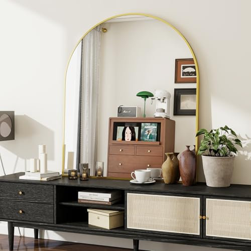 BEAUTYPEAK Espejo de pared arco con oro, 81 x 78 cm, marco de aleación de aluminio irrompible, espejo de baño, montaje en pared y espejo de pared con arco fiable, adecuado para dormitorio, entrada,