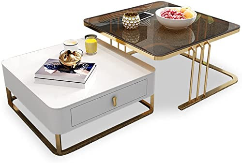 Modernes Satztisch-Couchtisch-Set mit 2 Stück, quadratischer Akzent-Couchtisch-Schreibtisch mit Stauraum in Schubladen, Tischplatte aus gehärtetem Glas und goldenem Metallrahmen fü,B-60*80CM