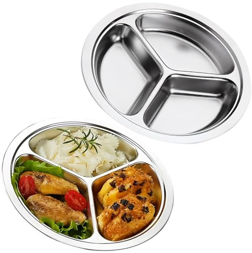 2 Stück Runde Geteilter Speiseteller Edelstahl, Portionskontrollteller mit 3 Fächern, 24cm Edelstahl Unterteilte Teller Kinder, Bariatrischer Teller, Camping Metallteller für Abendessen Snacks Partys