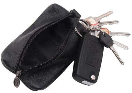 Unisex Genuine Leather Key Case Wallet Pouch Bag with Key Ring & Zipper, Compact Key Holder Leather Wallet for Men & Women
