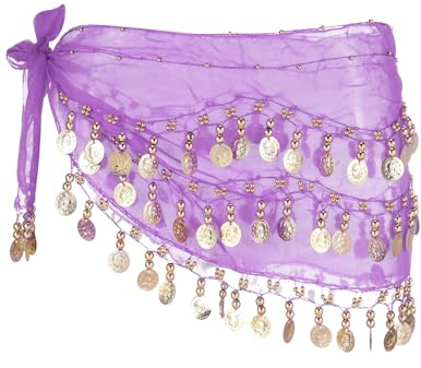 sourcing map Belly Dance Hip Scarf 55x10, 1 Pack Women's Belly Dance Costume Skirt Wrap with 98 Gold Coin for Dance or Yoga Class, Light Purple
