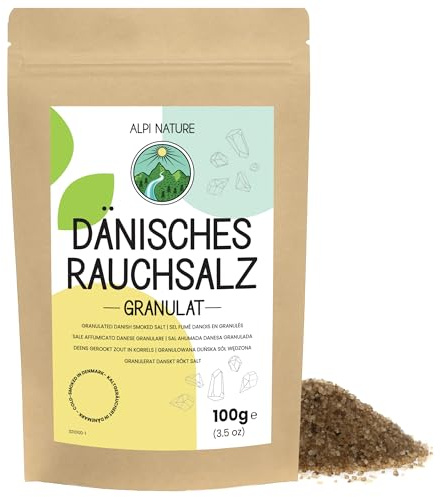 Alpi Nature Granulés de Sel Fumé Danois 1-3 mm 100g, Sel de Mer Granulé au Bois de Hêtre Fumé à Froid | Sel de mer fumé à froid avec arôme de bois de hêtre, idéal pour la viande grillée, les fruits de mer et les œufs