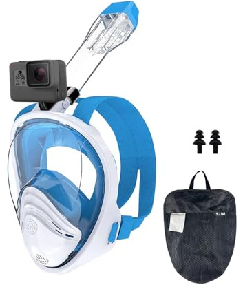 Full Face Snorkel Mask 180° Panoramic View Anti-leak Anti-fog Snorkeling Mask Set Complete with a detachable camera adjustable straps Blue S/M