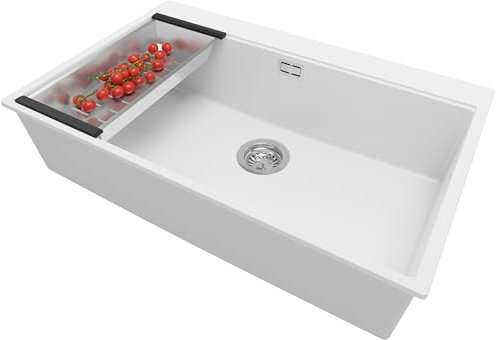 PRIMAGRAN Evier Cuisine en Granit Blanc 78x50cm, Lavabo 1 bac + Kit de Vidage, Évier à Encastrer al mueble 80cm - Oslo S377