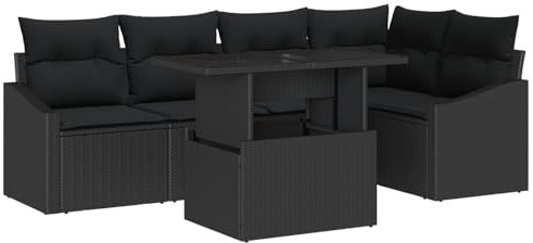 vidaXL Trädgårdsoffset 6 pcs Svart konstrotting & Pulverlackerat stål, Trädgård och Terrass, Rektangulär Utesoffgrupp, Justerbara Fötter, Modern Rattansittgrupp, Med Kuddar