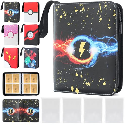 DBPBToU Raccoglitore Carte Poke per 400 Carte con 400 Sleeves, Album Carte per Poke X, V, Vmax, TAG TEAM, EX, GX, MTG, TCG, Cerniera impermeabile in Pelle PU (Fulmini)