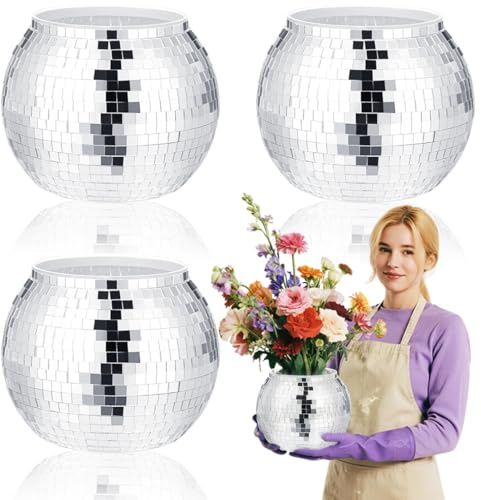 4 Pcs Disco Ball Vase,Plastic Disco Ball Centerpieces,7'' x 9'' Silver Disco Ball Planter Mirror Disco Ball Ice Bucket Disco Ball Decor Can Be Used for Wedding Centerpieces,Birthday,Office