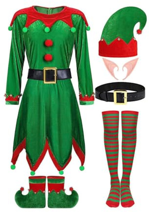 QUXVUIS Kompletter Weihnachtslook mit Elfenkostüm Set für Damen, Polyester Weihnachtsmann Kostüm, Weihnachts Deluxe Outfit