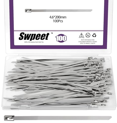 Swpeet Kit assortito di 100 fascette in acciaio inossidabile 304 da 200 mm/7,8 pollici, fascette metalliche multifunzione, fascette autobloccanti resistenti per macchinari, veicoli, aziende agricole