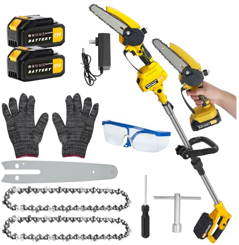 2 in 1 Mini Tronçonneuse et Élagueur sur Perche sans Fil, Tronçonneuse Télescopique 21V, Perche Télescopique 0.9-5.9 FT, Tête Inclinable 120° pour Taille Haute (Jaune)