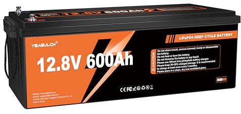 Yeagulch Batería de litio LiFePO4 12V 600Ah, BMS 200A, 7680Wh | 15000 Ciclos, Solución de Energía para Comunidades Solares, UPS y Grandes Instalaciones Off‑Grid