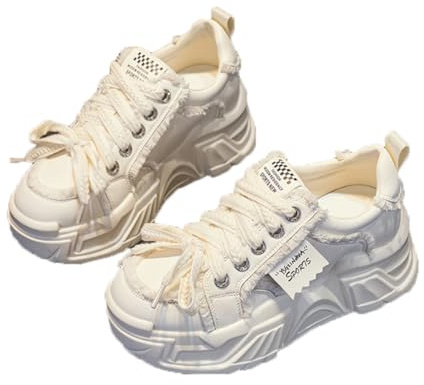 Sneakers da Donna con Plateau in Tela Sneakers Chunky alla Leggere e comode Scarpe da papà Che Aumentano l'altezza Comode e Versatili Bianco 38