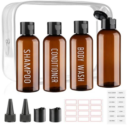 Decorniqu Travel Bottles for Toiletries 4 PCS 100ml Pre-labeled Leak Proof Travel Size Toiletries Refillable Containers TSA Approved Squeeze Bottles with Flip Cap and Top Tip Cap(Brown)