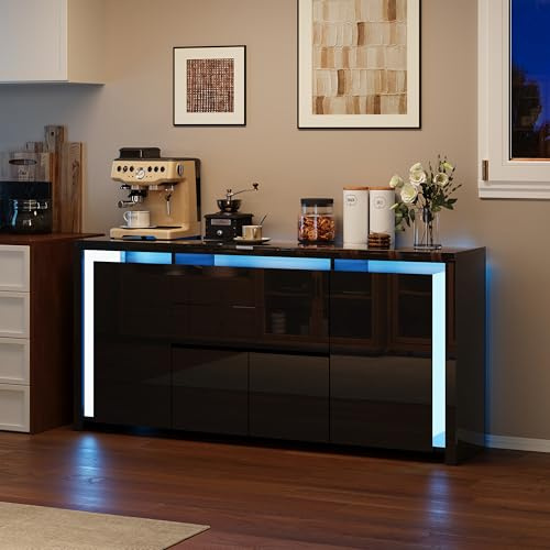 Aneutr Buffet Salon Blanc Brillant avec éclairage LED, Meuble Cuisine de Rangement avec 4 Portes et 2 Tiroirs, Meuble TV Armoire Moderne pour Salon & Salle à Manger & Cuisine (Noir, 160x35x75cm)