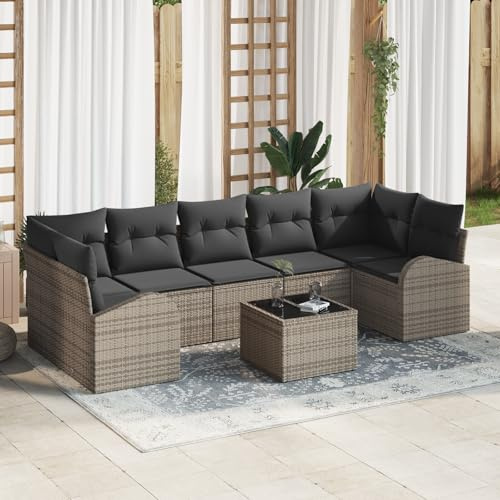 RMIHSJG Set di 8 divani da giardino con cuscini grigi in polyrattan, resistenti alle intemperie, per terrazze e balconi, comodi gruppi di seduta modulari con resistente ai raggi UV