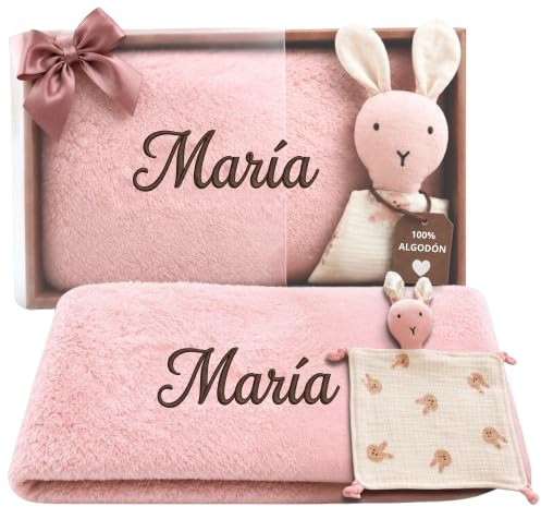 Dalvitas Manta Bebé Personalizada Bordada con Nombre + Doudou 100% Algodón - Pack Regalo Recién Nacido Niño Niña - Set Canastilla Extrasuave y Ligera para Entretiempo