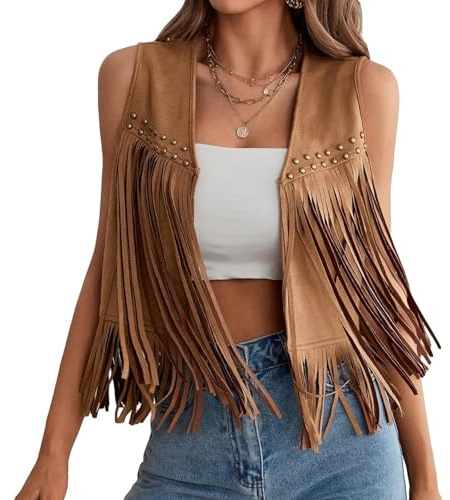 Geagodelia Women's Fringed Waistcoat Cowgirl Faux Suede Outfit Ladies Vintage Sleeveless Tassel Jacket Y2k Aesthetic Top Clothes Spring Summer Cowboy Festival Gilet