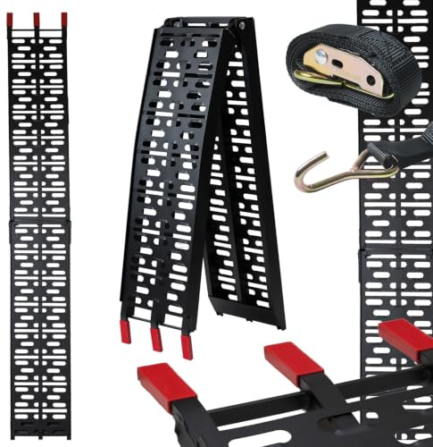 TRUTZHOLM 1xAuffahrrampe klappbar Länge 228 cm Traglast 340 kg Alu schwarz | gelochte rutschfeste Lauffläche geriffelter Auflage Verladerampe für Motorräder Roller E-Bike Fahrrad inkl. Spanngurt
