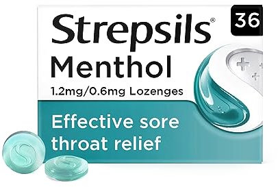 Strepsils Menthol Lozenges, 36 Count - Fast Acting Sore Throat Relief, Soothes Up To 2 Hours, Dual Action With Eucalyptus Oil, Effective Discomfort Remedy