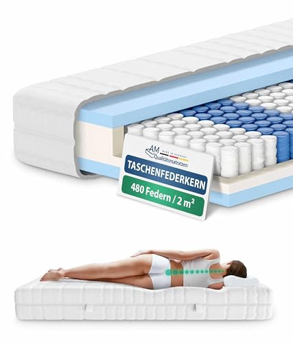 AM Qualitätsmatratzen 7 Zonen Taschenfederkernmatratze 180x210cm H2 - Made in Germany - Ergonomische Federkernmatratze 180x210 mit waschbarem Bezug - Oeko TEX zertifizierte Matratze 180x210 20cm hoch