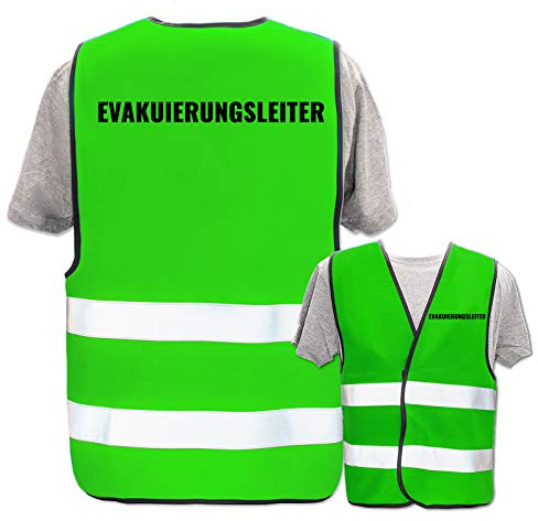 Bedruckte Warnwesten mit ISO-Leuchtstreifen * Standard- oder Reflex-Druck * Erste Hilfe und Brandschutz * Begriff: Evakuierungsleiter * Farbe (Größe): Neon Grün (M/L)