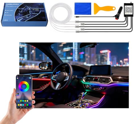 YAOBLUESEA 12V LED Innenbeleuchtung Auto, LED Ambientebeleuchtung mit APP Steuerung und in vielen verschiedenen Farben, Musikmodus, Farbspeicher, Lnnenraumbeleuchtung, Auto Zubehör Innenraum