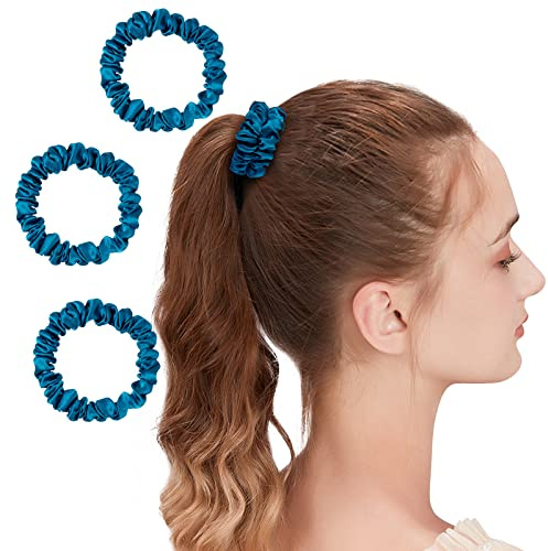 OLESILK 3er-Set 100% Seide Haargummis, kleine Scrunchies, Pfaublau | 100% echte Maulbeerseide, haarschonend, schützt vor Haarbruch, für Zopf & Dutt, Geschenkverpackung.