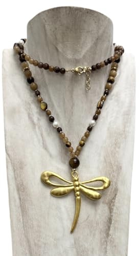 Anhur Collar Colgante Libélula Dorada de Ágatas Piedras Naturales en Camel Marrón Beige Y Perlas Collar Largo Mujer
