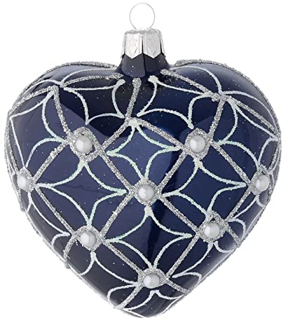 Holyart Christmas balls: Heart Shaped bauble in blue blown glass with pearls and silver decorations 100mm