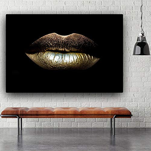 Rumlly Giclée-Kunstwerk, Schwarz und Gold, sexy Lippen, Gemälde auf Leinwand, Kunstposter und Drucke, Wandkunstbild für Wohnzimmerdekoration, 70 x 100 cm, rahmenlos
