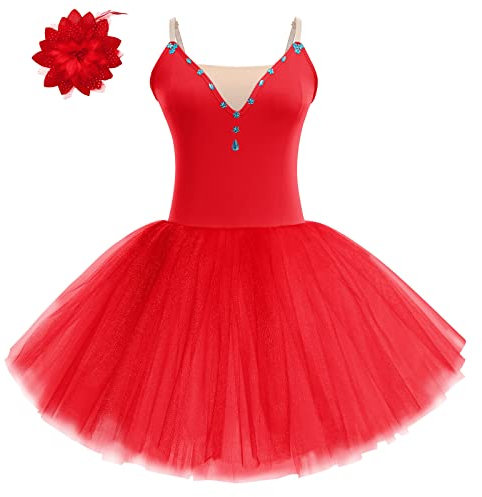 Ballettkleidung Damen Ärmellose Spaghettiträger Ballett Trikot Tanzbody Turnanzug Tütü Tüllrock Ballettkleid Tanzkleid Gymnastikanzug Ballettanzug Balettkleider Ballerina Kleider+Haarspange Rot XL