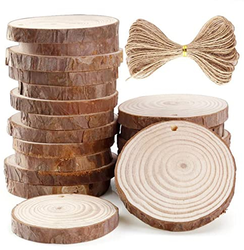 20 Stück Holzscheiben, BetterJonny Rund 8-9cm Holz Log Scheiben Kit mit Loch Unvollendete Holzkreise für DIY, Basteln, Hochzeit, Weihnachten Dekoration