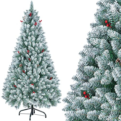 Homewit Künstliche Weihnachtsbaum mit Schnee 200 cm, PVC Tannenbaum mit 500 Zweige, Kiefernzapfen & Metallständer, Christbaum Abziehbar Klappbar für Wohnzimmer Büro Party Weihnachtsmarkt