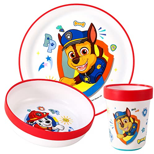 Paw Patrol 3pcs Reusable Bicolor Kids Dinner Tableware Set - 100% BPA-Free | Premium Plastic Dinnerware Sets Includes Toddler Cups, Plates and Bowls, 100% Safe, BPA Free & Certified Food Safe (US/EU)