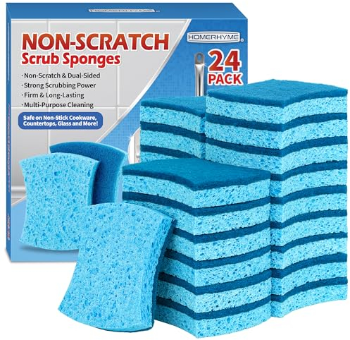 HOMERHYME Non-Scratch Cellulose Scrub Sponges 24 Pack, Kitchen Sponge with Double-Side & Ergonomic Design. Sturdy Sponge for Dishes, Coated Cookware, Sink, Countertops.